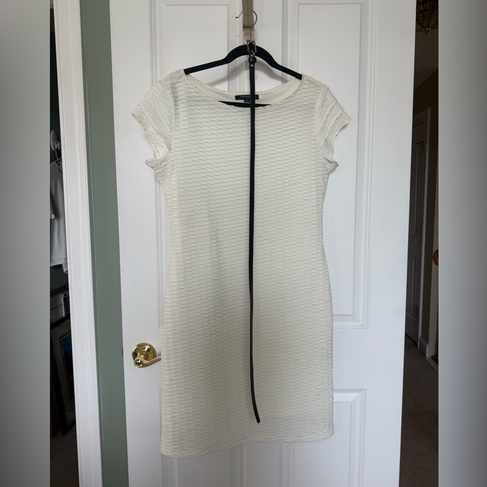 White Textured Capped Sleeves Lined Dress with black belt.